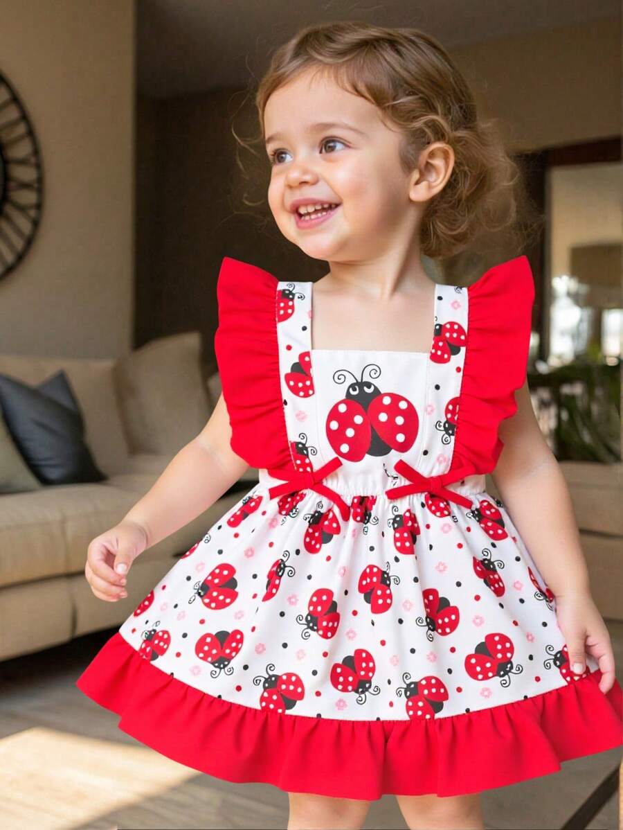 Baby Girls Casual Daily Bee Print Flutter Sleeve Dress, Suitable For Outings Or Comfortable Versatile Wear - Red - View 1