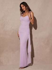 Silquee 女士纯色褶皱无袖优雅连衣裙，适合夏季 - 紫色 - 查看 1