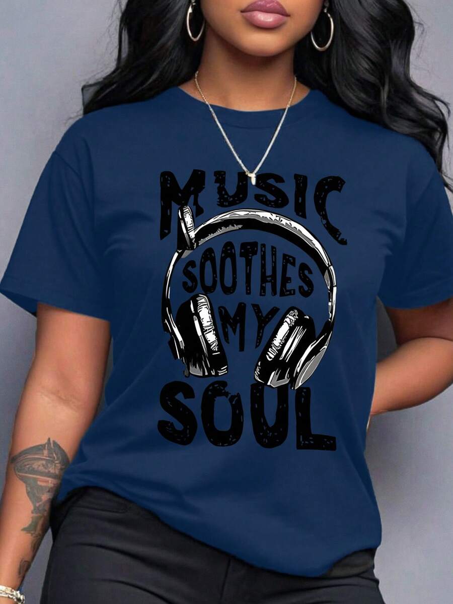 Chiquease 'Music Soothes My Soul' Headset Graphic Tees Letter Slogan T-Shirt, Round Neck Short Sleeved Women Tops