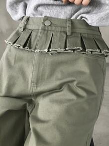 FRIFUL Pantalones anchos de primavera/verano para mujer con cinturilla de volantes y patchwork 2 en 1 - Verde militar - Ver 2