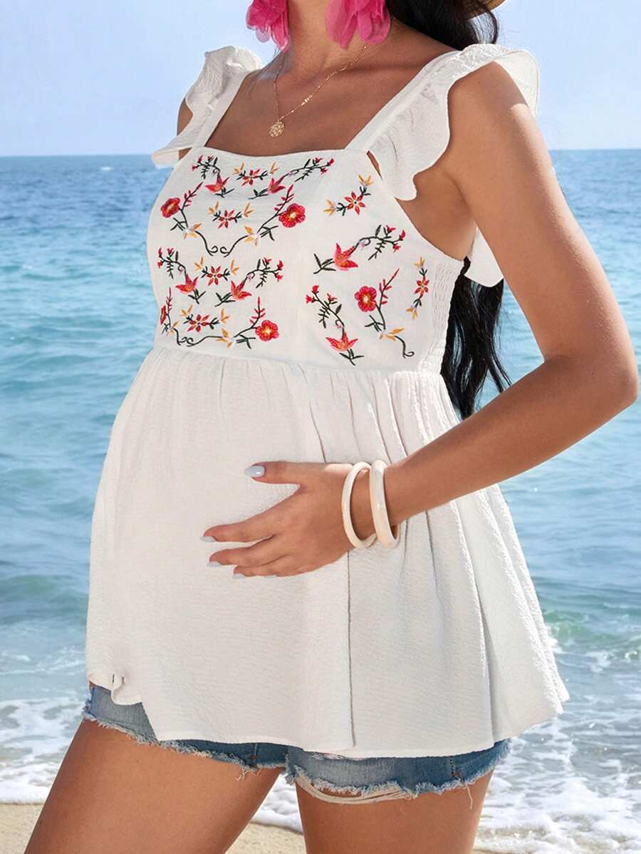 SHEIN Embroidered Plain Maternity Shirt, Simple And Stylish, Suitable For Summer - Multicolor - View 1