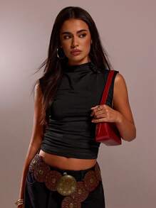 Forever 21 Women's Casual Solid Collar Ruched Fitted Blouse - Black - View 5