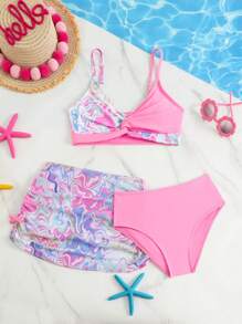 3-Piece Girls Cute Criss-Cross Swimsuit Set (Print Random) - Multicolor - View 1