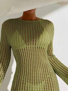 SHEIN Swim Basics 1 件女士纯色长袖圆领宽松罩衫，夏季时尚 - 橄欖綠 - 查看 4