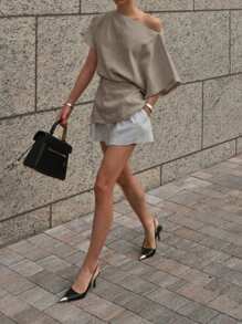 DAZY Women Solid Color Asymmetric Collar Batwing Sleeve Stylish Shirt Linen Y2k - Light Grey - View 5