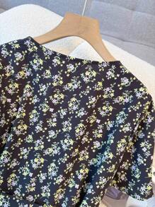 Franclia 新款春夏 V 领短袖系腰粉色碎花中长连衣裙，百搭