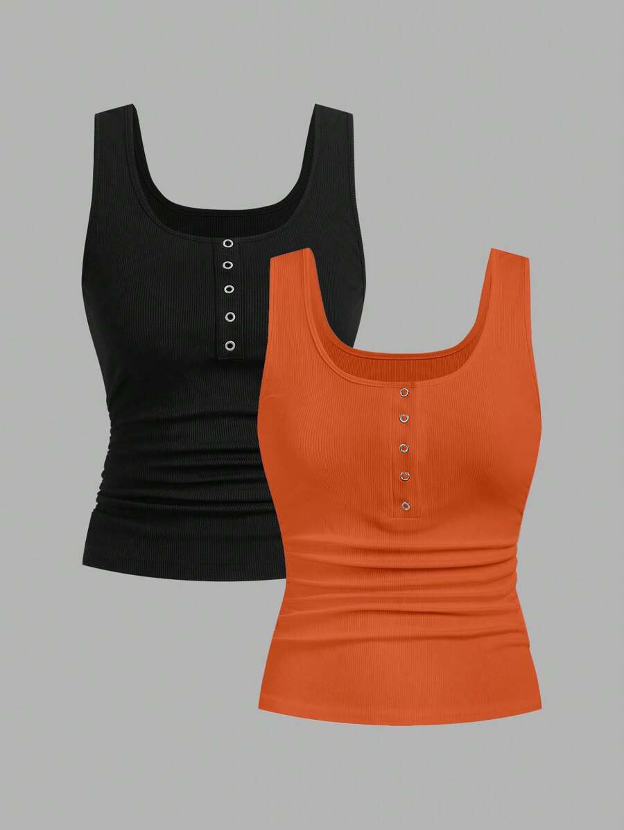 Slaydiva 2pcs Black & Orange Buttoned Criss-Cross Back Pleated Summer Tank Tops For Women Back To School - Multicolor - View 1
