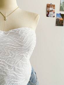 Soleia Plus Size Women's Textured Bandeau Crop Top, For Vacation - White - View 4