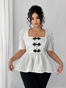 Elenzga Plus Size Elegant Daily Wear Square Neck A-Line Waist Closure Hollow Cotton Texture Women Short Sleeve Blouse, European And American Style, Spring/Summer - White - View 3