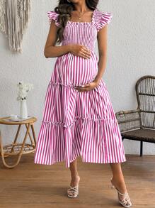 SHEIN Pregnant Woman Vacation Casual Striped Cap Sleeve Dress Maternity Dress - Pink - View 1