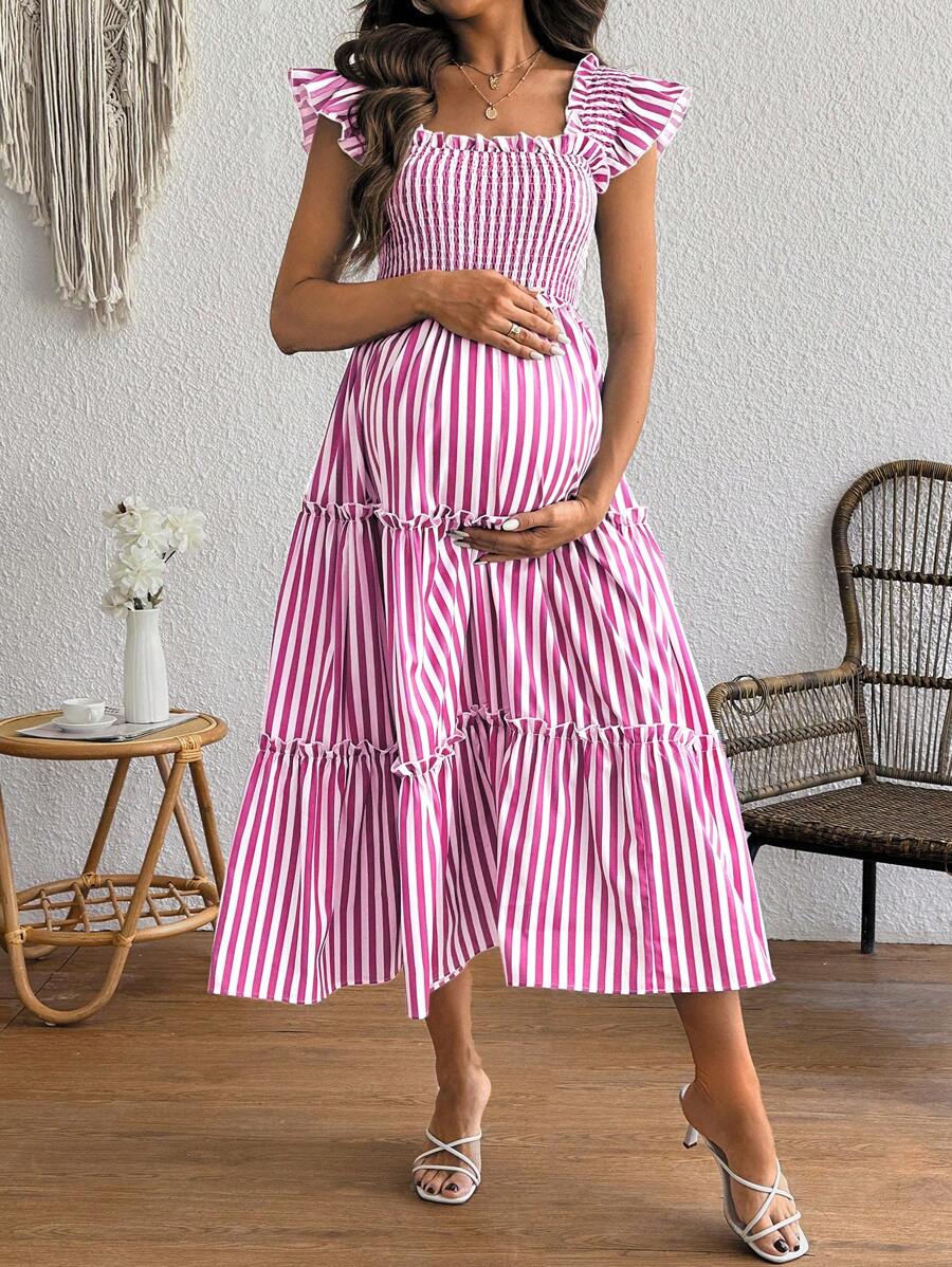 SHEIN Pregnant Woman Vacation Casual Striped Cap Sleeve Dress Maternity Dress - Pink - View 1
