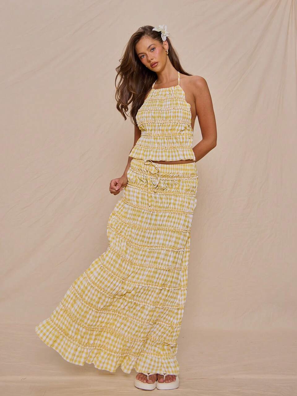 Top Ajustado Xadrez Franzido com Decote Halter, Primavera Verão Férias, Fofo, Elegante, Doce, Fuga, Amarelo, Chique, Feminino, Feriado, Carnaval, Festival