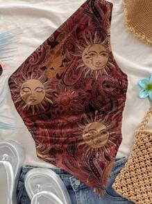 Soleia Casual Minimalist Sun Print Loose Top, Suitable For Summer Ladies Boho - Burgundy - View 9