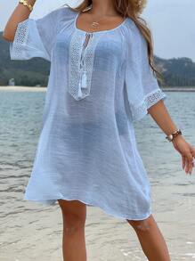 Swim Vcay Vacation Beach Solid Color Lace Patchwork Coverup Dress For Summer - Blue - View 4