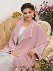Al Najma Women's Elegant Pearl Studded Batwing Sleeve Arabian Abaya, Modest Robe - Pink - View 4