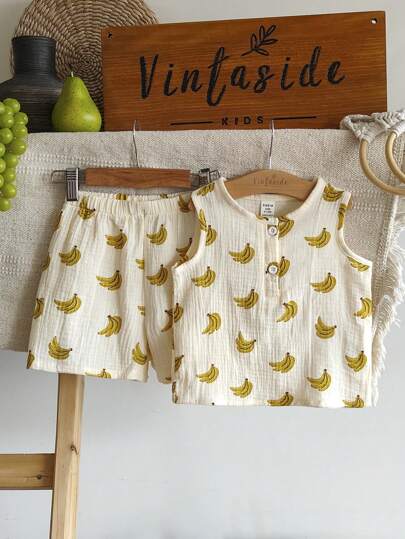 Vintaside Kids Baby Boy Banana Print Casual Tank Top And Shorts Set