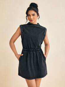 Amiko Acid Washed Knit Cowl Neck Elastic Waist Mini Dress Sporty Dress - Dark Grey - View 6