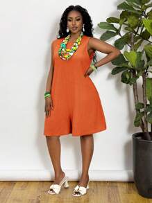 Slaydiva 2025 New All-Match Casual Jumpsuit For Women Plus Size, Minimalist Solid Color V-Neck Romper For Daily Wear