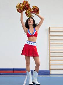 SHEIN Sports Falda y pantalón corto de cheerleader con contraste de color y con detalles de strass para usar en el campus