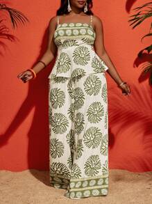 Veslaya 2pcs/Set Spring/Summer Green Abstract Floral Print Tank Top And Wide Leg Capri Pants - Multicolor - View 6