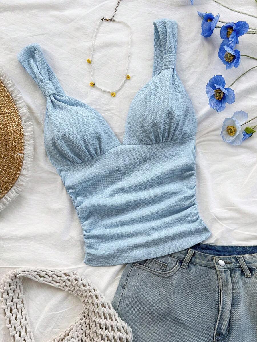 Dreamara Top tipo camiseta con tirantes anudados y drapeado, casual y romántico para vacaciones, talla grande - Celeste - Ver 1