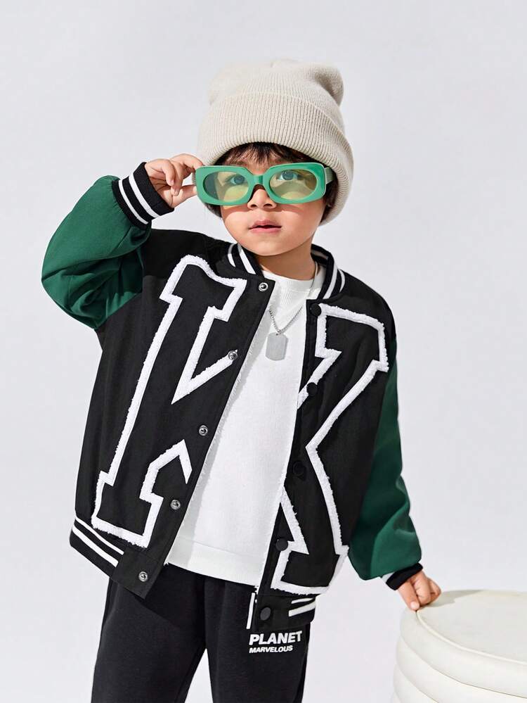 Young Boy Casual Streetwear Pilot Jacket With Embroidered Letter K, Color Block Sleeves, Striped Decor, Loose Fit, Warm And Thickened Lining, Suitable For Fall And Winter