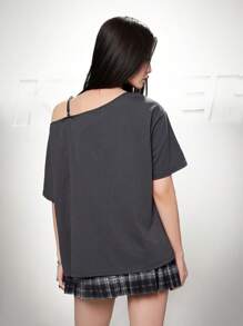 SHEIN EZwear 美式复古辣妹斜肩短袖T恤女2025夏季新款宽松休闲风露肩别致上衣