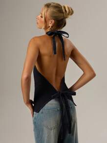 SHEIN Forever 21 Spring New Halter Sleeveless Backless Washed Denim Tie Strap Denim Top For Women - Black - View 2