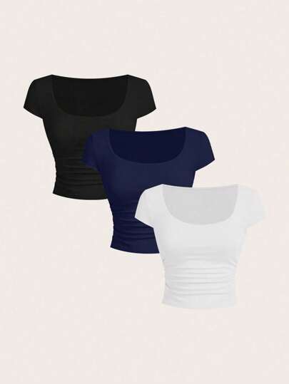 SHEIN BAE 3pcs/Set Women Casual U-Neck Gathered Elastic Short Sleeve T-Shirts, Suitable For Summer