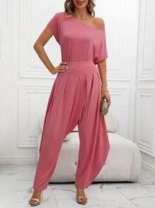 EMERY ROSE 2 pezzi Set da donna elegante e casual, top smanicato a spalla obliqua in maglia e pantaloni palazzo a vita alta con tasche