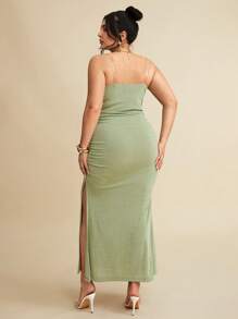 SHEIN BAE 大码女式优雅露肩高开衩连衣裙/沙滩度假连衣裙/婚礼宾客连衣裙/夏季连衣裙 - 綠色 - 查看 2