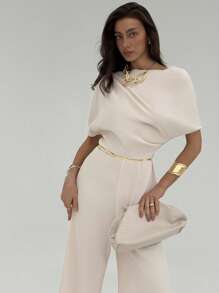 Aloruh New Simple Solid Apricot Color Pleated Decor Asymmetrical Shoulder Jumpsuit, Sexy High Waist Wide Leg Pants