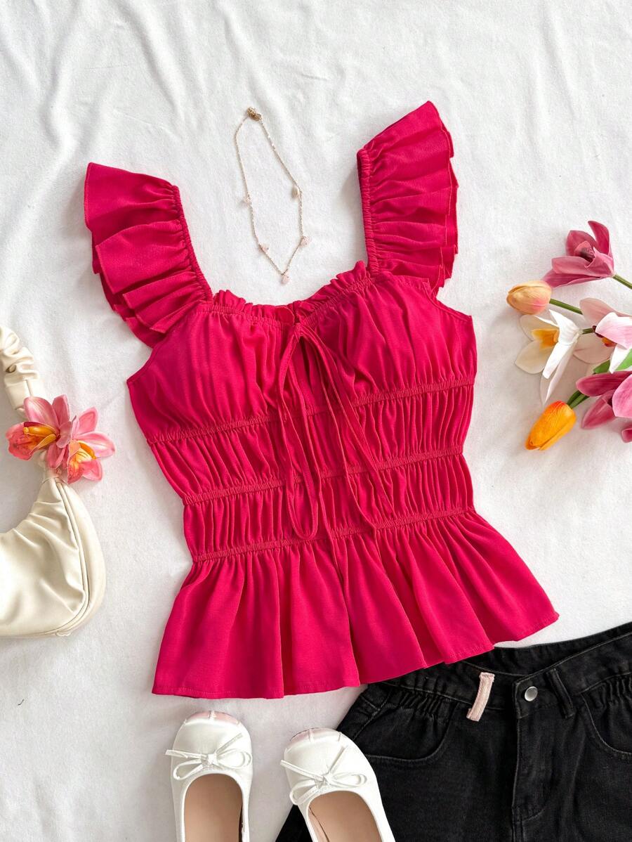 Soleia Áo cánh màu trơn có tay bồng, tối giản và thời trang, phù hợp cho mùa hè - Màu Hồng Tươi - Xem 1