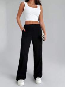 EURMUSE Women Solid Color White Striped Detailed Wide Leg Pants - Black and White - View 5