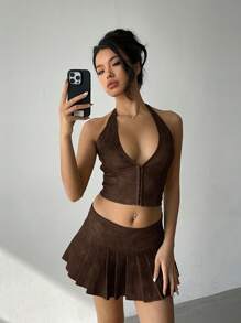 Aloruh Bộ 2 món/bộ đồ nữ áo crop top chữ V sâu gợi cảm bằng da PU giặt theo phong cách retro + chân váy mini xếp ly cạp siêu thấp, đa năng cho hoạt động ngoài trời, lễ hội âm nhạc - Cà phê nâu - Xem 5