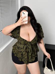 Flirla 大码哥特式方领蕾丝荷叶边袖衬衫 - 彩色 - 查看 5