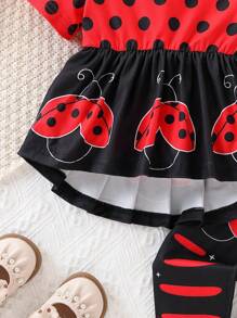 Baby Girls Can Wear Cute, Fun, Simple And Casual Red Background Black Polka Dot Ladybug Print Set In Spring And Summer - Multicolor - View 6