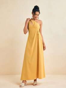 JUPITER Asymmetrical Neck Cutout Drawstring Ruched Butter Yellow Dress Spring Summer Casual Long Dress - Mustard Yellow - View 5
