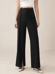 BizChic Sheer Lace Black Wide Leg Pants For Women, Modern Elegant Urban Commute Everyday Versatile 90s Retro Christmas New Year, Romantic Valentine's Day Party Beach Graduation Fashion Carnival Holiday Minimalist Suitable For Wedding Guest, Host, Date, Party, Concert, Brunch, Airport, Multi-Occasion - Black - View 5