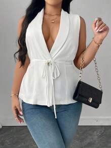 Flirla Áo cánh không tay thắt nút gỗ chéo cổ bẻ thanh lịch dành cho nữ cỡ lớn, mùa xuân/hè - trắng - Xem 1