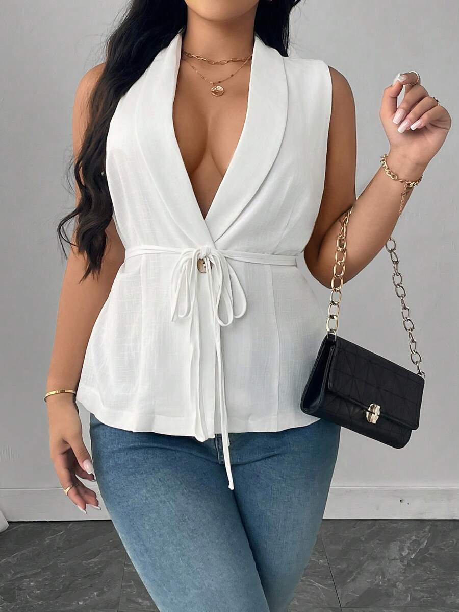 Flirla Áo cánh không tay thắt nút gỗ chéo cổ bẻ thanh lịch dành cho nữ cỡ lớn, mùa xuân/hè - trắng - Xem 1