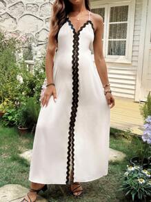 SHEIN Vacation Casual Comfy Spaghetti Strap Ruffle Patchwork Open Back Maxi Dress - Apricot - View 4