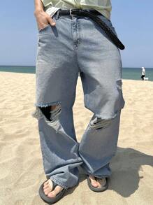 DAZY Spring/Summer Plain Blue Ripped Men's Denim Jeans - Blue - View 1