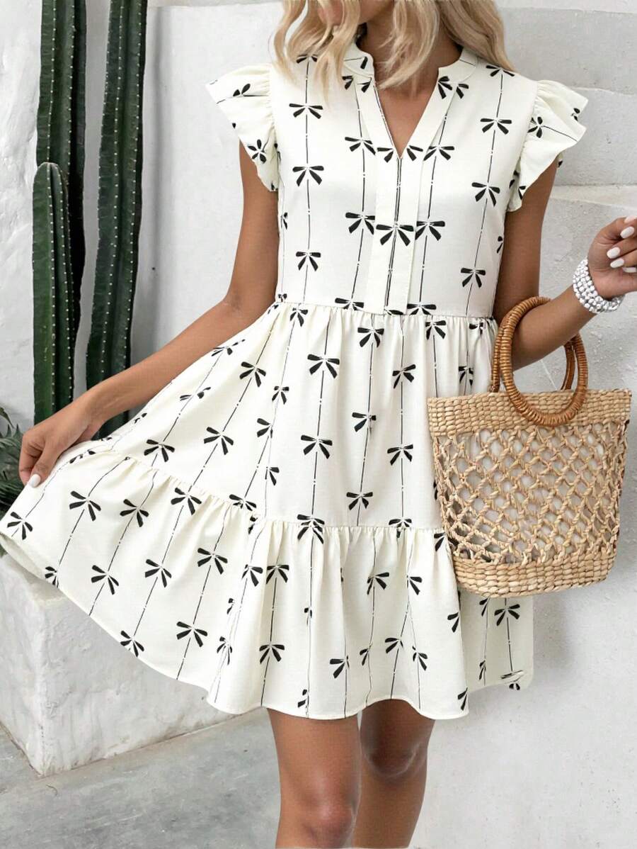 Breezaya Váy ngắn tay in nơ giản dị cho kỳ nghỉ - Nhiều màu - Xem 1
