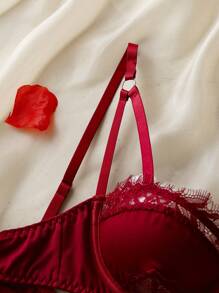 حمالة صدر تحت نسائية فرنسية رومانسية للعشاق مع حلقات من الصلب وقطع رقعية من الدانتيل - عنابي اللون - مشاهدة 5