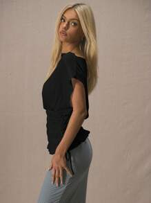 MUSERA 斜领收腰系带针织上衣，可爱休闲，适合度假、机场、秋季、返校、工作、圣诞节等场合，优雅时尚。 - 黑色 - 查看 2