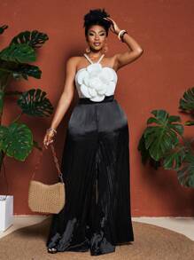 Maweii Tuta elegante con scollo alla halter, motivo floreale, dettagli in perle, ideale per eventi serali, abito da donna taglie comode