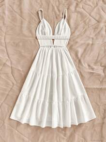 Soleia Women Vacation Solid Color Ruffle Hem Casual Spaghetti Strap Mid-Length Dress,Bohemia - White - View 2