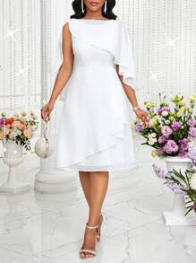 SHEIN Lady Women's Solid Color Asymmetric Ruffle Hem Elegant Mid-Length Dress - White - View 3
