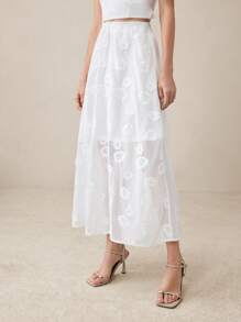 BizChic Novo Festival de Música de Verão 2025, Adequado para Convidados de Casamento, Brunch, Estilo Urbano Chique, Casual Romântico Versátil, Elegante Diário de Trabalho, Temporada de Casamento, Festival de Música, Formatura, Saia Longa Bordada Jacquard Floral Branca Transparente - Branco - Visão 1
